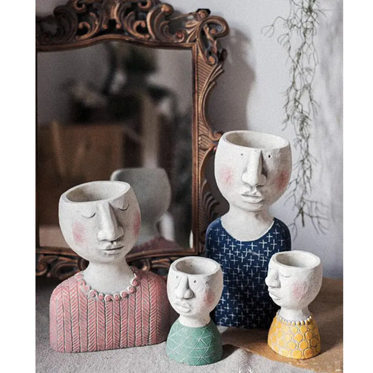 Creative Cement Flower Pot with Family Figurines
