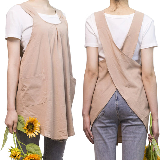 Japanese-Style Cross-Back Apron - Beige with Pockets