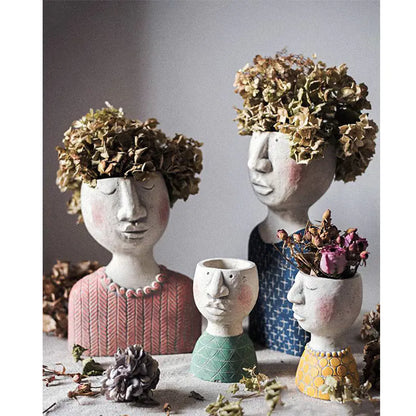 Creative Cement Flower Pot with Family Figurines