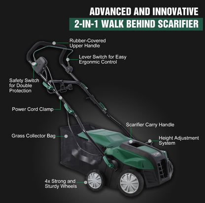 Garden Scarifier, 2-in-1, 16INCH Electric Lawn Aerator & Scarifier